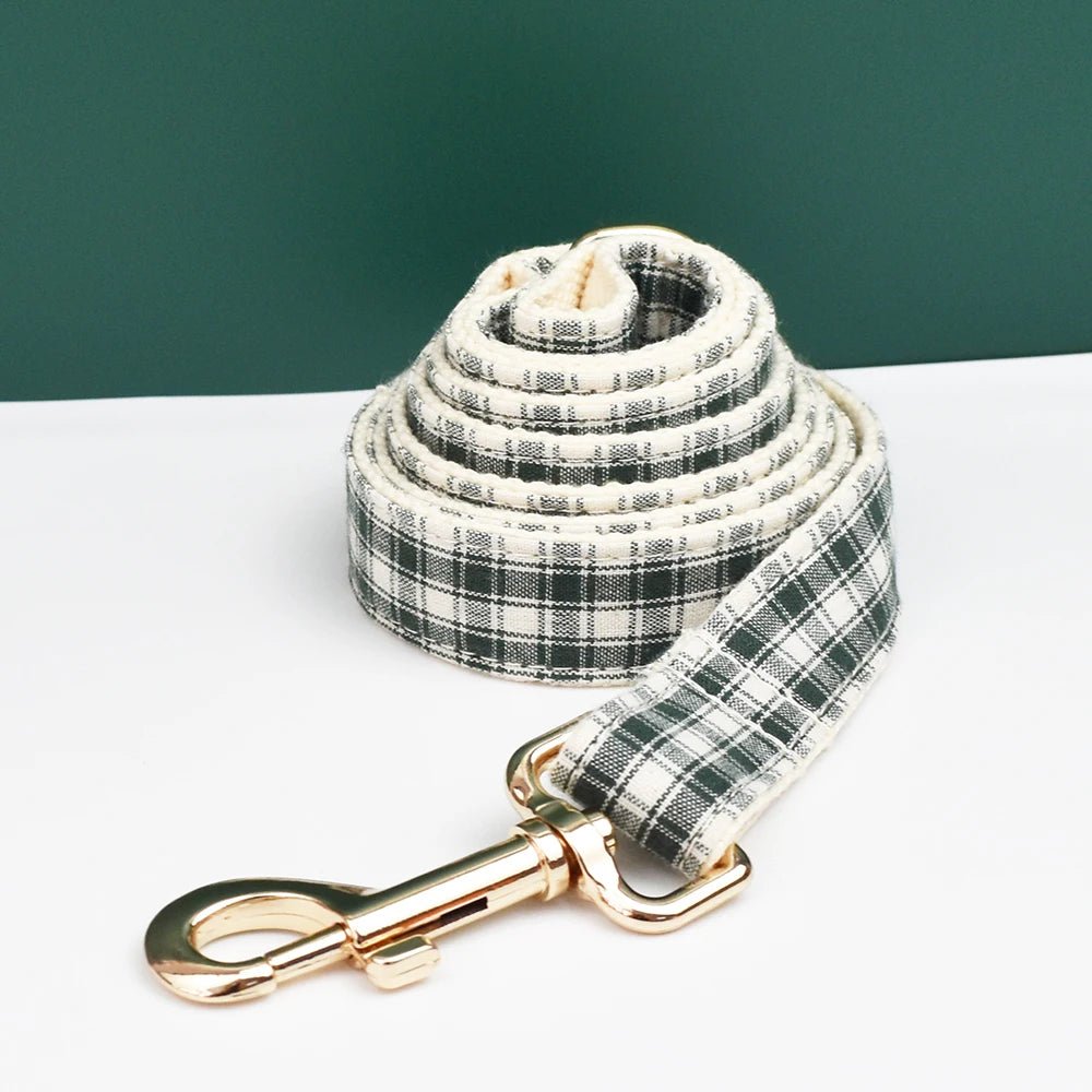 Petspuff Personalised Green Plaid Dog Collar, Harness & Lead Set – Engraved Name Tag & Bow - Petspuff
