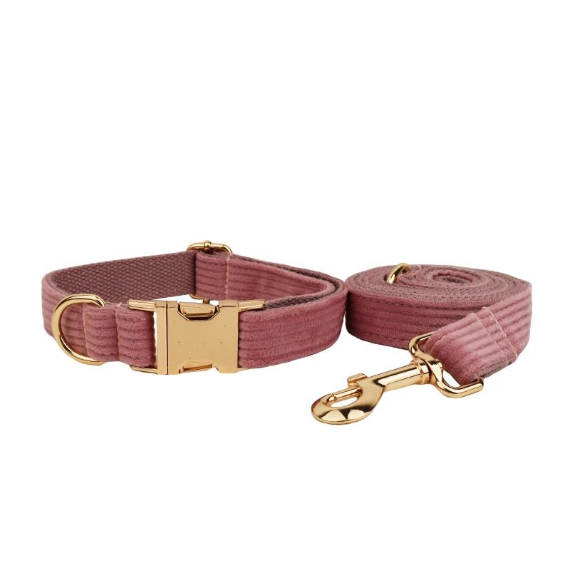 Petspuff Personalised Nude Pink Corduroy Dog Collar & Lead Set – Engraved Name Tag, Bow & Harness