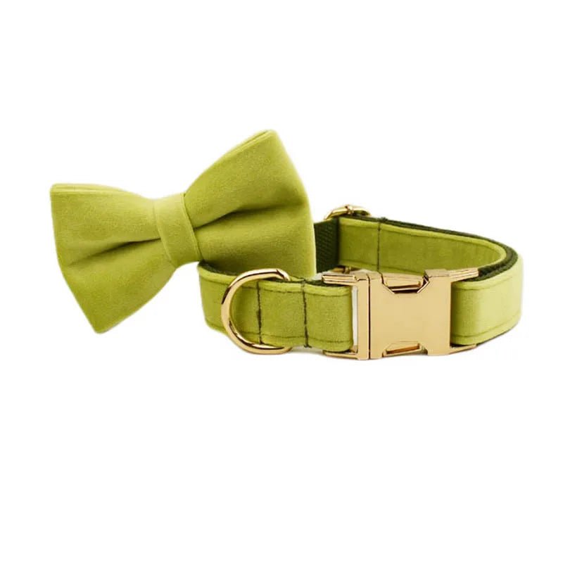 Petspuff Personalised Avocado Green Velvet Dog Collar & Lead Set – Engraved Name Tag, Bow & Harness - Petspuff