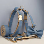 Petspuff Personalised Denim Print Dog Collar & Lead Set – Engraved Name Tag, Bow & Harness