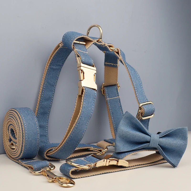 Petspuff Personalised Denim Print Dog Collar & Lead Set – Engraved Name Tag, Bow & Harness