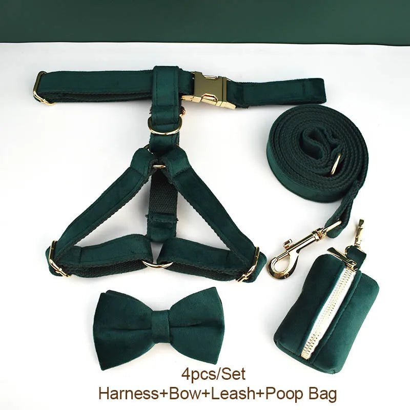 Petspuff Personalised Green Velvet Dog Collar & Lead Set – Engraved Name Tag, Bow & Harness - Petspuff