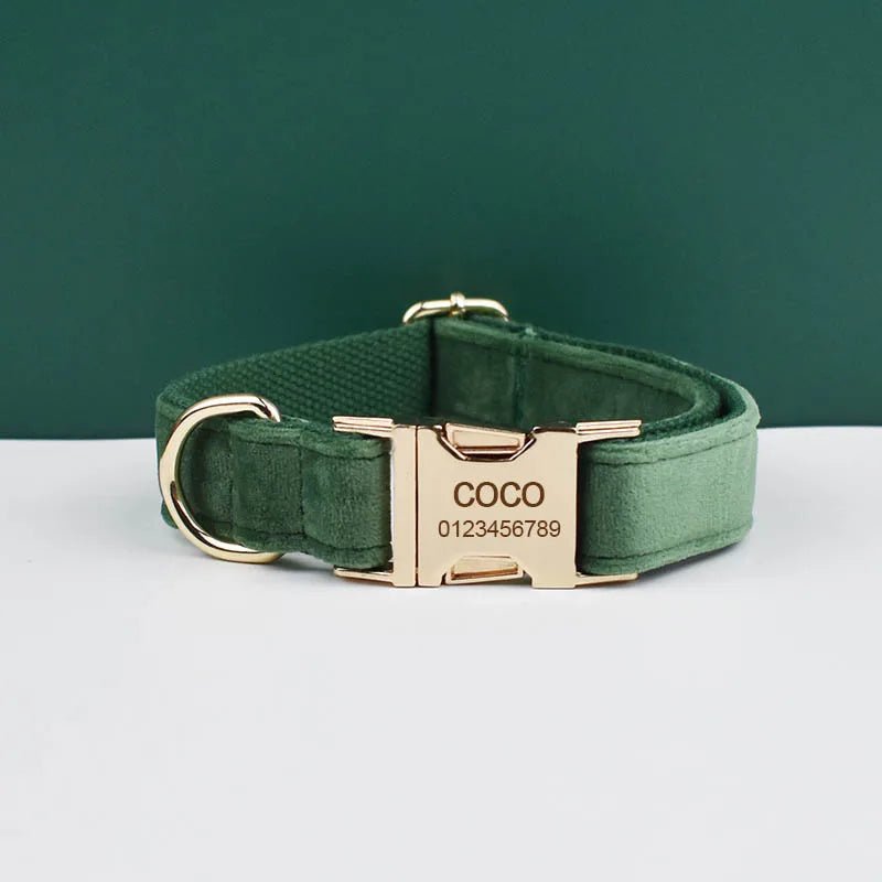 Petspuff Personalised Forest Green Velvet Dog Collar & Lead Set – Engraved Name Tag, Bow & Harness - Petspuff