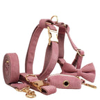Petspuff Personalised Nude Pink Corduroy Dog Collar & Lead Set – Engraved Name Tag, Bow & Harness