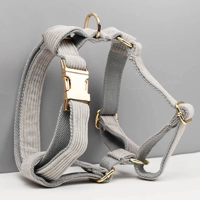 Petspuff Personalised Light Grey Corduroy Dog Collar & Lead Set – Engraved Name Tag, Bow & Harness