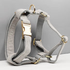 Petspuff Personalised Light Grey Corduroy Dog Collar & Lead Set – Engraved Name Tag, Bow & Harness