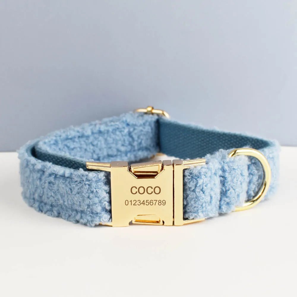 Petspuff Personalised Teddy Fleece Dog Collar, Harness & Lead Set – Engraved Name Tag & Bow - Petspuff