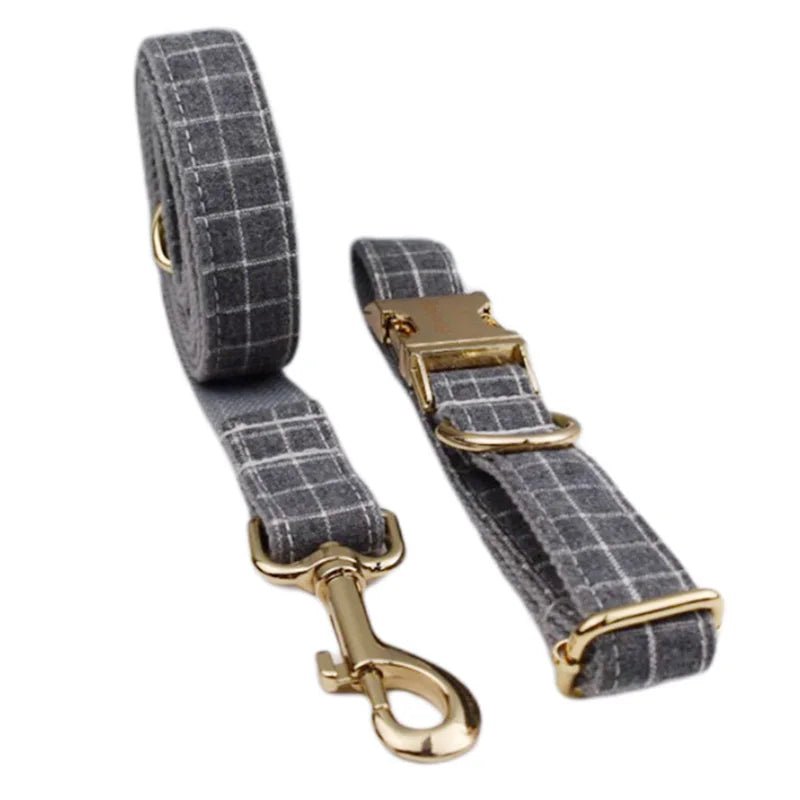 Petspuff Personalised Grey Check Dog Collar, Harness & Lead Set – Engraved Name Tag, Bow & Poop Bag Holder