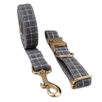 Petspuff Personalised Grey Check Dog Collar, Harness & Lead Set – Engraved Name Tag, Bow & Poop Bag Holder