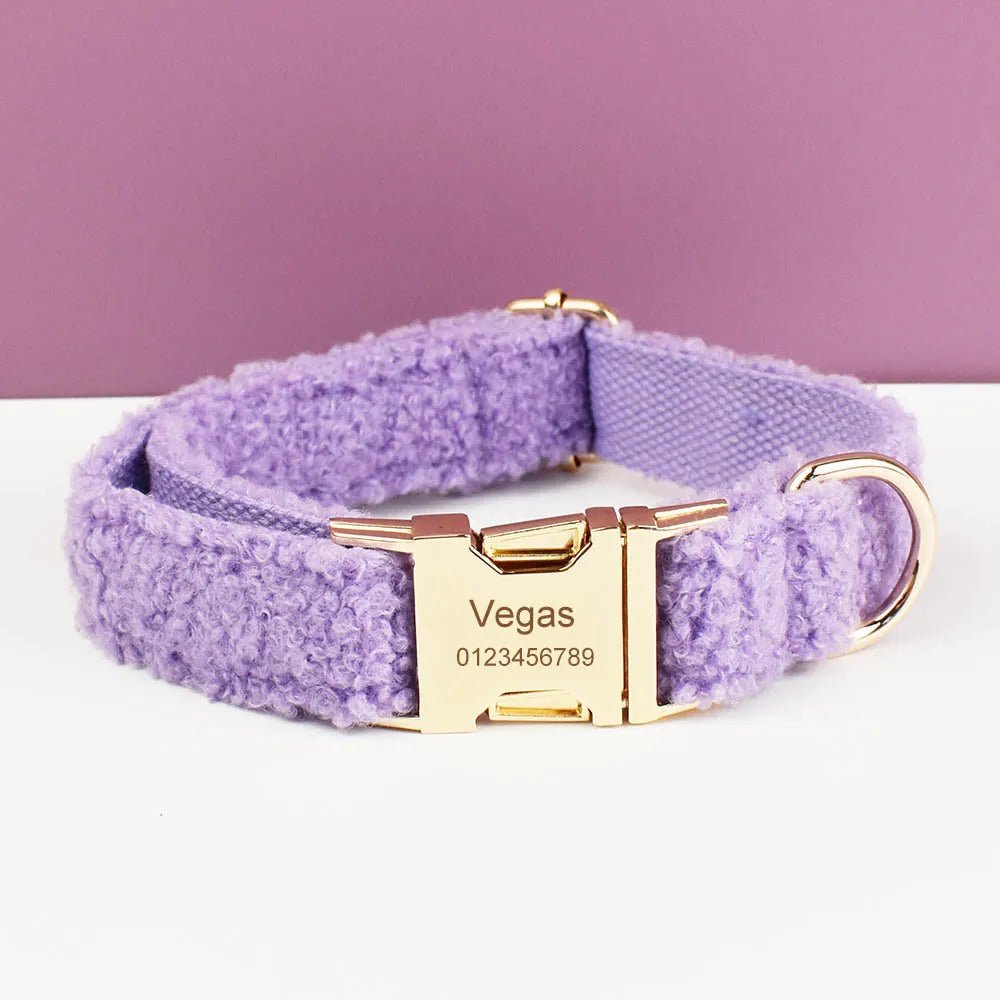 Petspuff Personalised Teddy Velvet Dog Collar, Harness & Lead Set – Engraved Name Tag & Bow | Style 07 - Petspuff