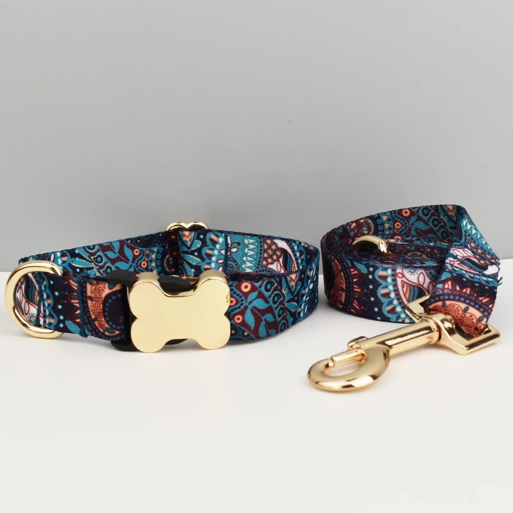 Petspuff Personalised Boho Dog Collar & Lead – Engraved Nameplate | 5 Designs, S–XL