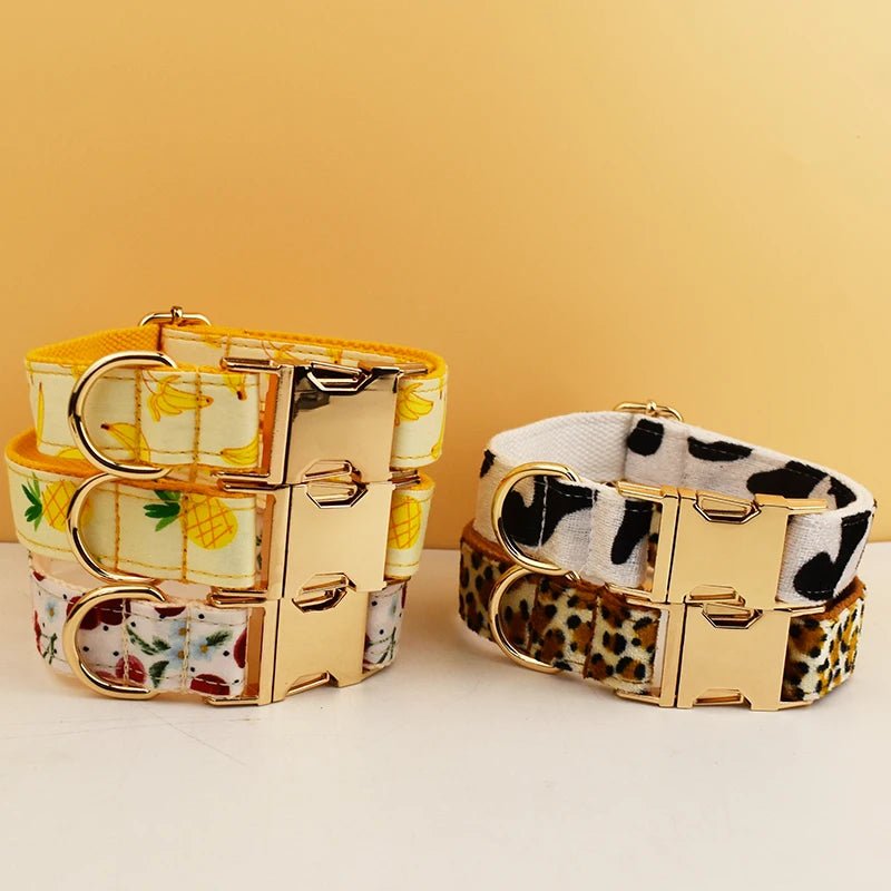 Petspuff Personalised Fruit & Animal Print Bow Tie Dog Collar & Lead – Engraved Name Tag | 8 Designs - Petspuff