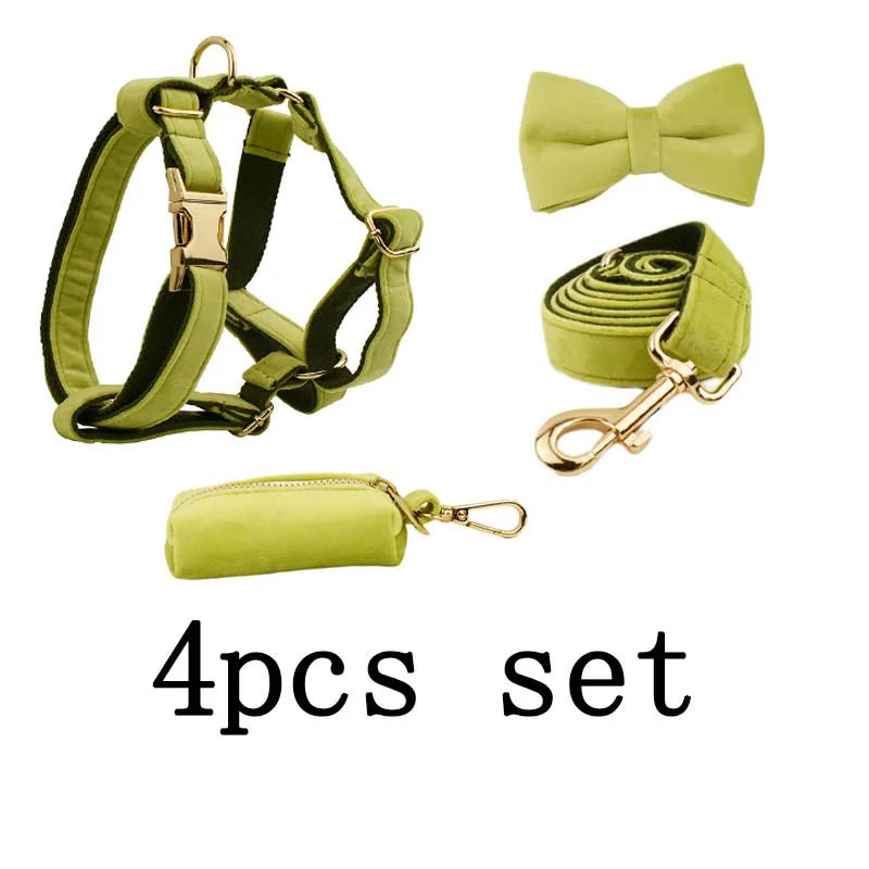 Petspuff Personalised Avocado Green Velvet Dog Collar & Lead Set – Engraved Name Tag, Bow & Harness - Petspuff