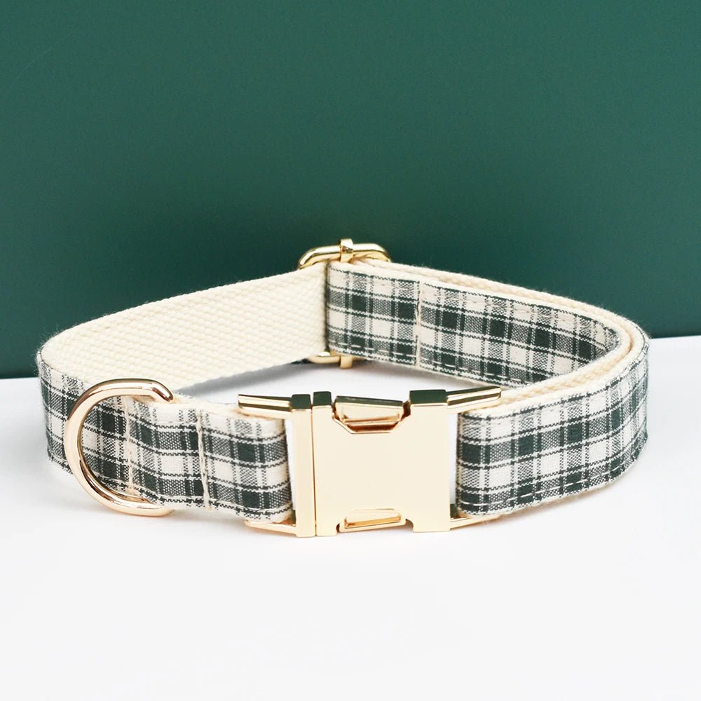Petspuff Personalised Green Plaid Dog Collar, Harness & Lead Set – Engraved Name Tag & Bow - Petspuff