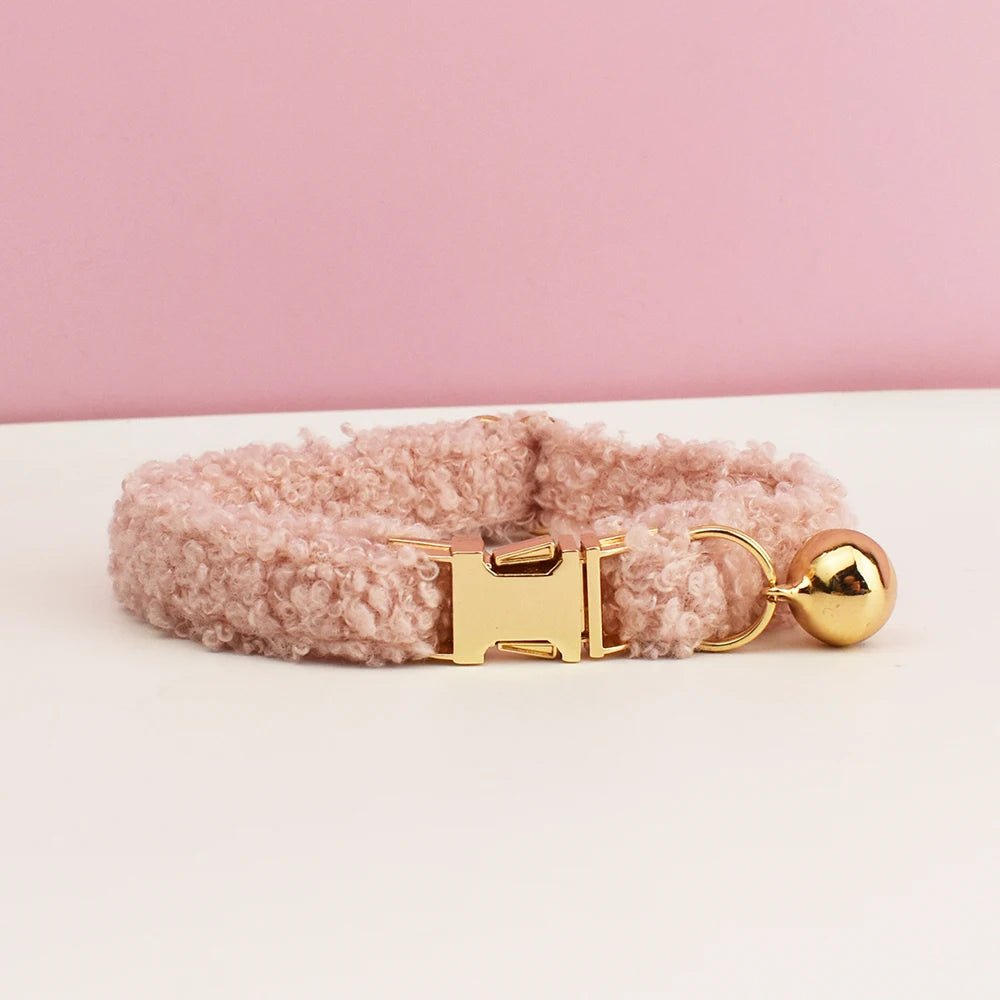 Petspuff Personalised Teddy Fleece Cat Collar with Bell & Bow Tie – Engraved Name Tag