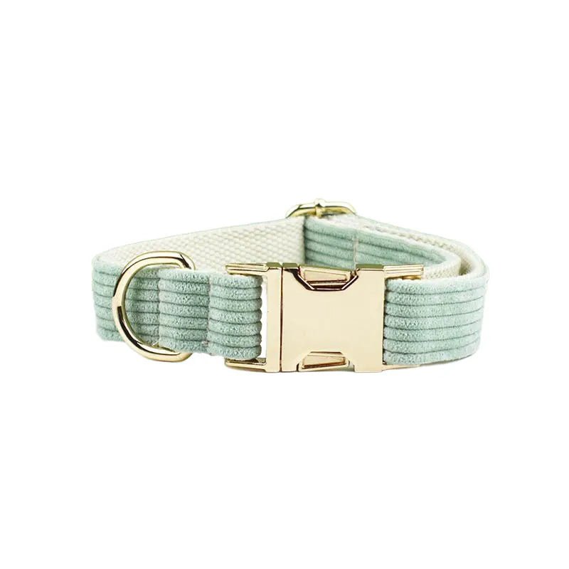 Petspuff Personalised Light Green Corduroy Dog Collar & Lead Set – Engraved Name Tag, Bow & Harness