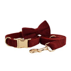 Petspuff Personalised Wine Red Corduroy Dog Collar & Lead Set – Engraved Name Tag, Bow & Harness