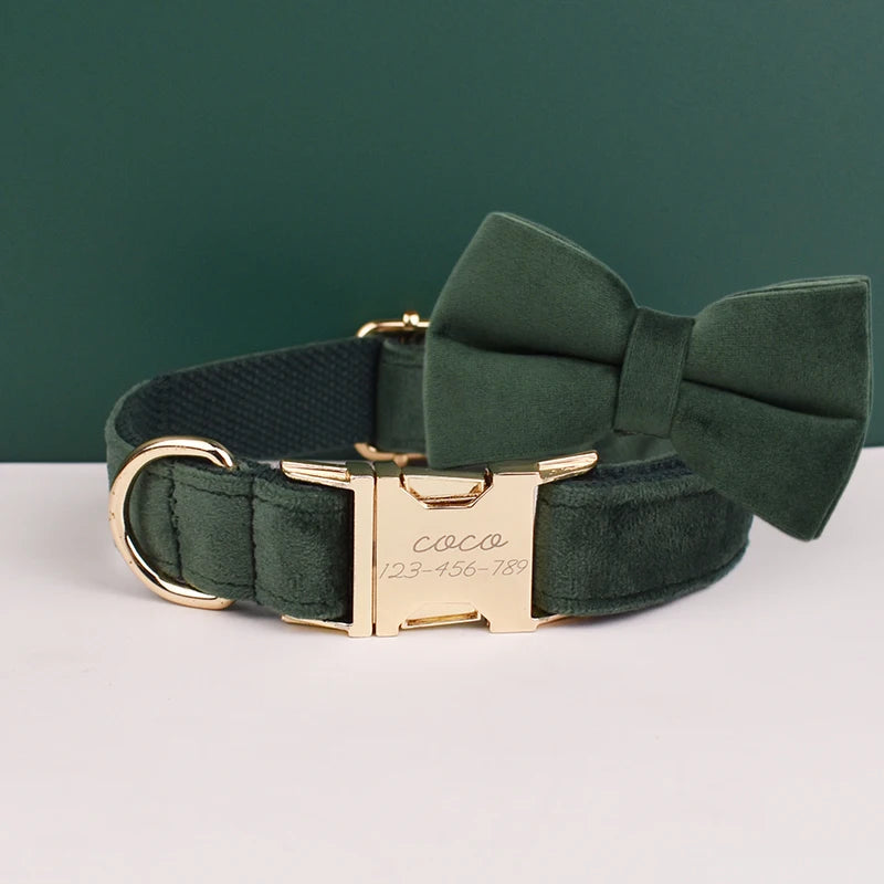 Petspuff Personalised Velvet Dog Collar with Gold Buckle, Bow Tie & Lead – Engraved Name Tag