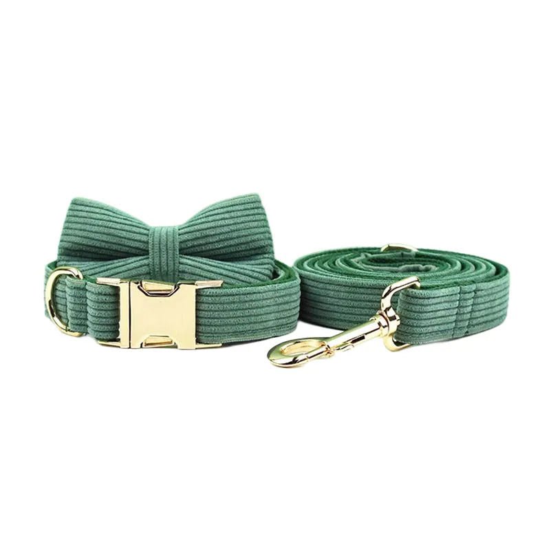 Petspuff Personalised Dark Green Corduroy Dog Collar & Lead Set – Engraved Name Tag, Bow & Harness - Petspuff