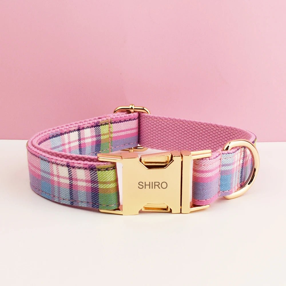Petspuff Personalised Plaid Dog Collar, Harness & Lead Set – Engraved Name Tag & Bow - Petspuff