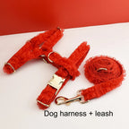 Petspuff Personalised Red Lace Wedding Dog Collar, Harness & Lead – Engraved Nameplate | 3-Piece Set