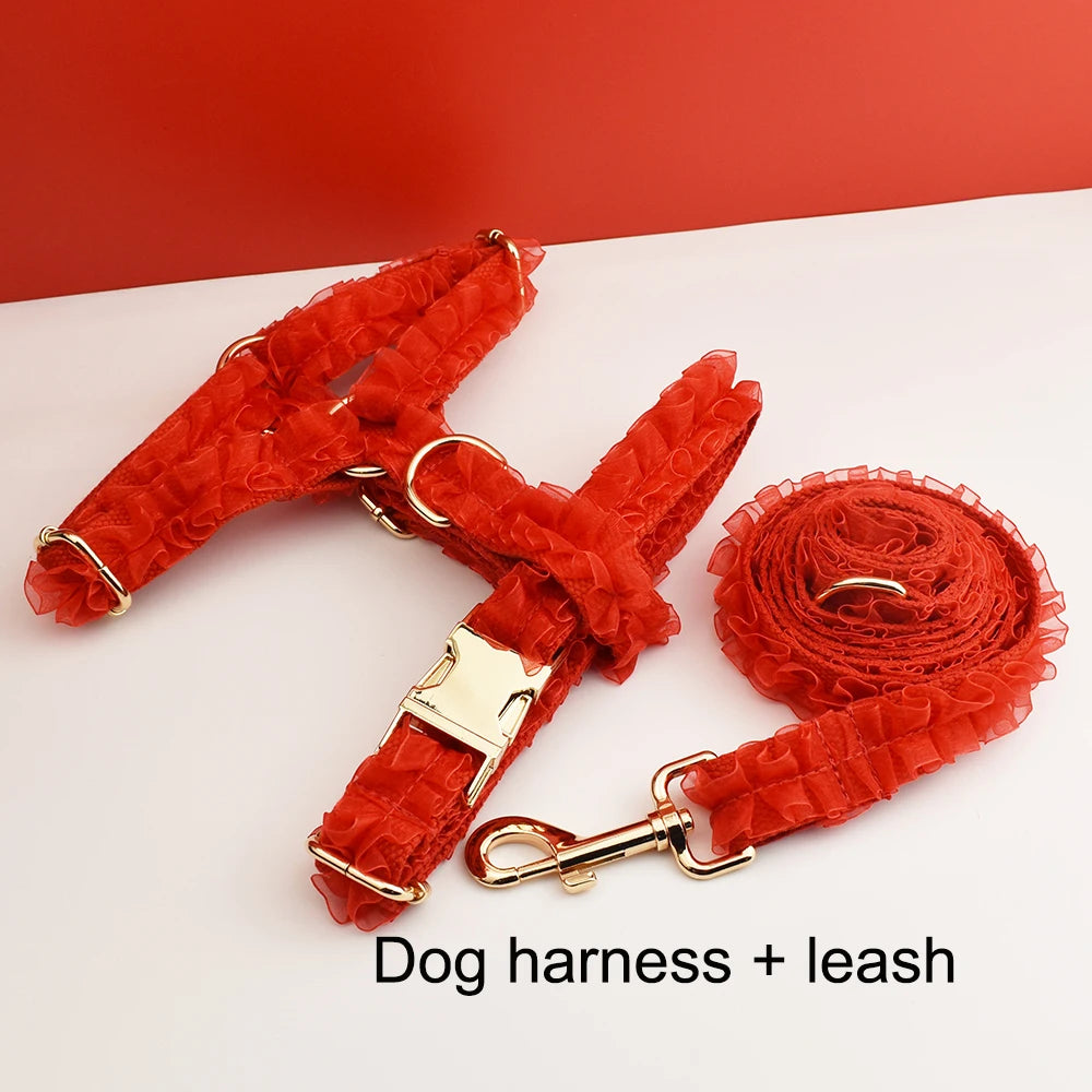 Petspuff Personalised Red Lace Wedding Dog Collar, Harness & Lead – Engraved Nameplate | 3-Piece Set
