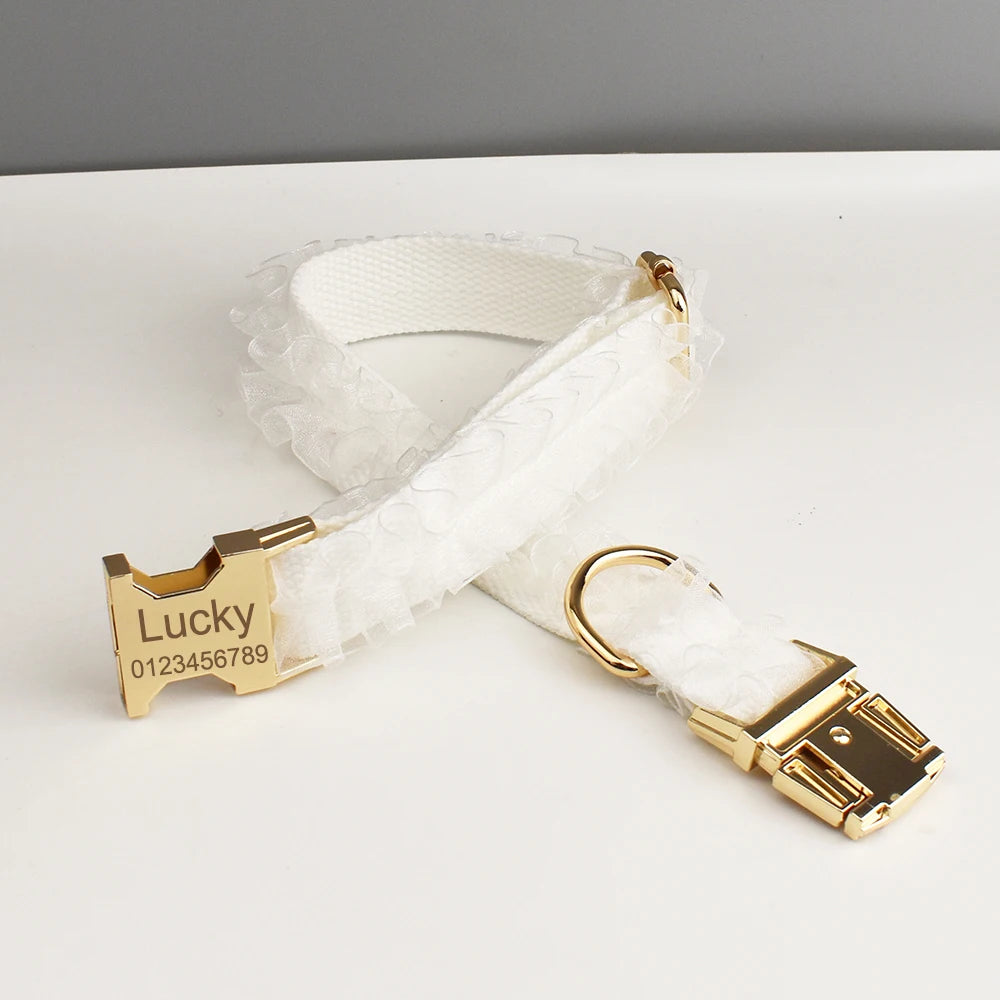 Petspuff Personalised White Lace Dog Collar, Harness & Lead – Engraved Name Tag | Wedding Dog