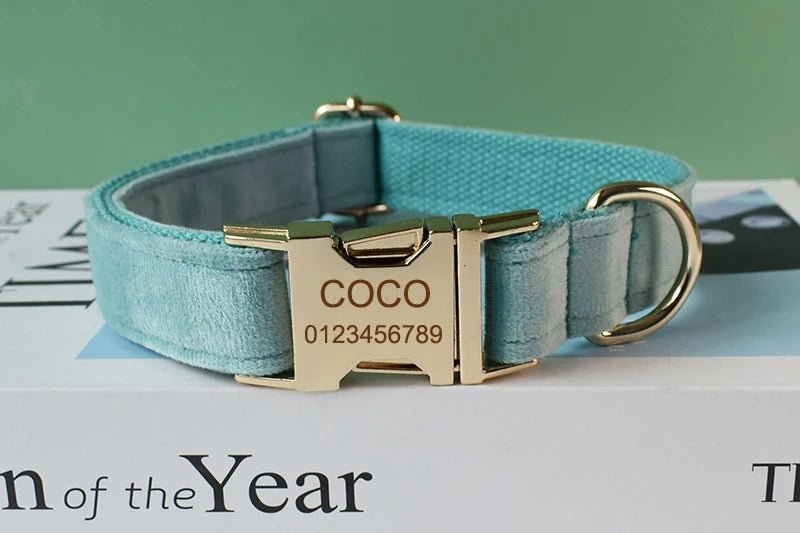 Petspuff Personalised Emerald Green Velvet Dog Collar & Lead with Bow – Engraved Name Tag | S–XL