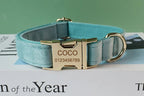 Petspuff Personalised Emerald Green Velvet Dog Collar & Lead with Bow – Engraved Name Tag | S–XL