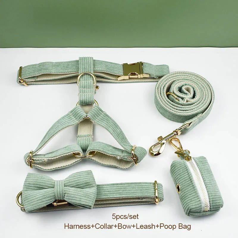 Petspuff Personalised Light Green Corduroy Dog Collar & Lead Set – Engraved Name Tag, Bow & Harness