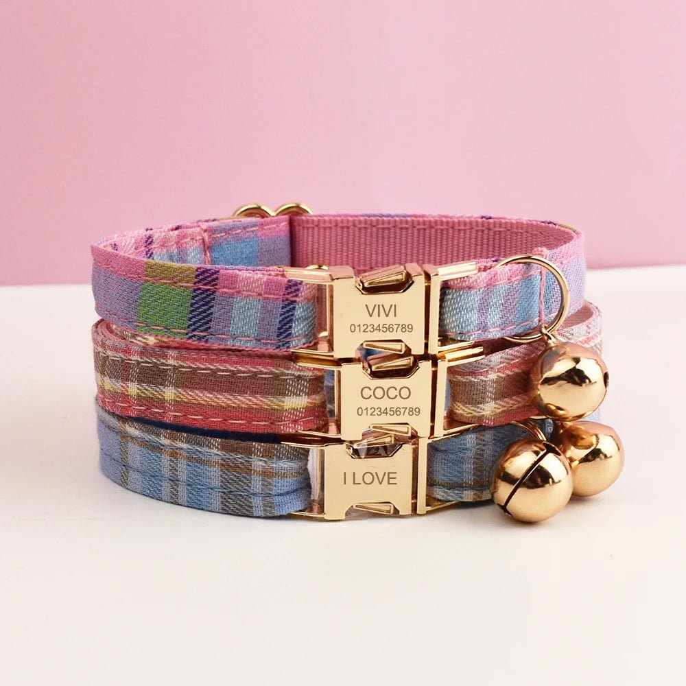 Petspuff Personalised Plaid Cat Collar with Bow Tie – Adjustable Safety Buckle & Name Tag