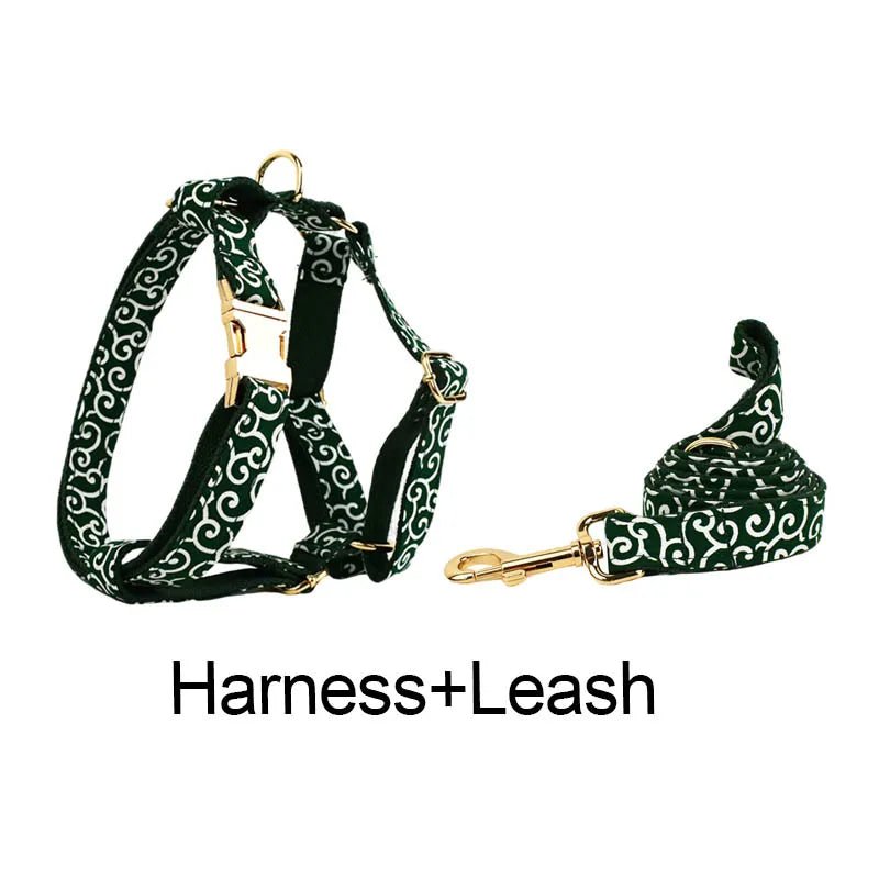 Petspuff Green Leaf Print Cotton Dog Collar, Harness & Lead Set with Bow – XS–XL