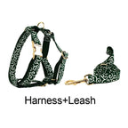 Petspuff Green Leaf Print Cotton Dog Collar, Harness & Lead Set with Bow – XS–XL