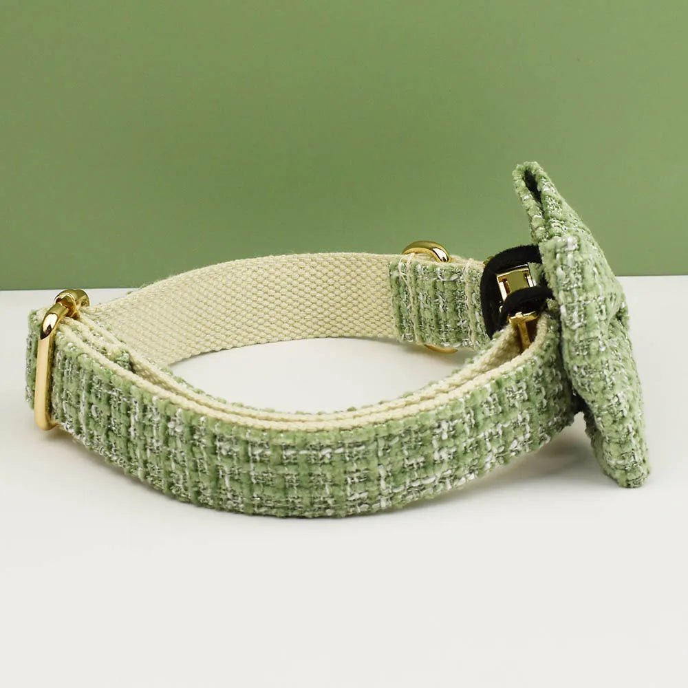 Petspuff Personalised Lime Green Dog Collar, Harness & Lead Set – Engraved Nameplate & Bow