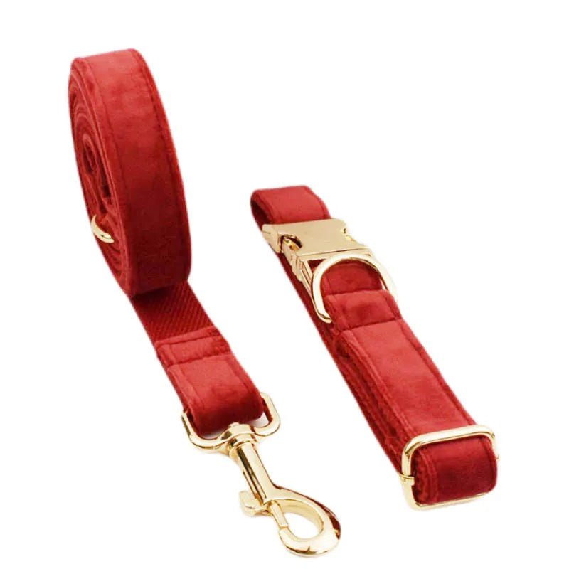 Petspuff Personalised Cherry Red Velvet Dog Collar & Lead Set – Engraved Name Tag, Bow & Harness - Petspuff