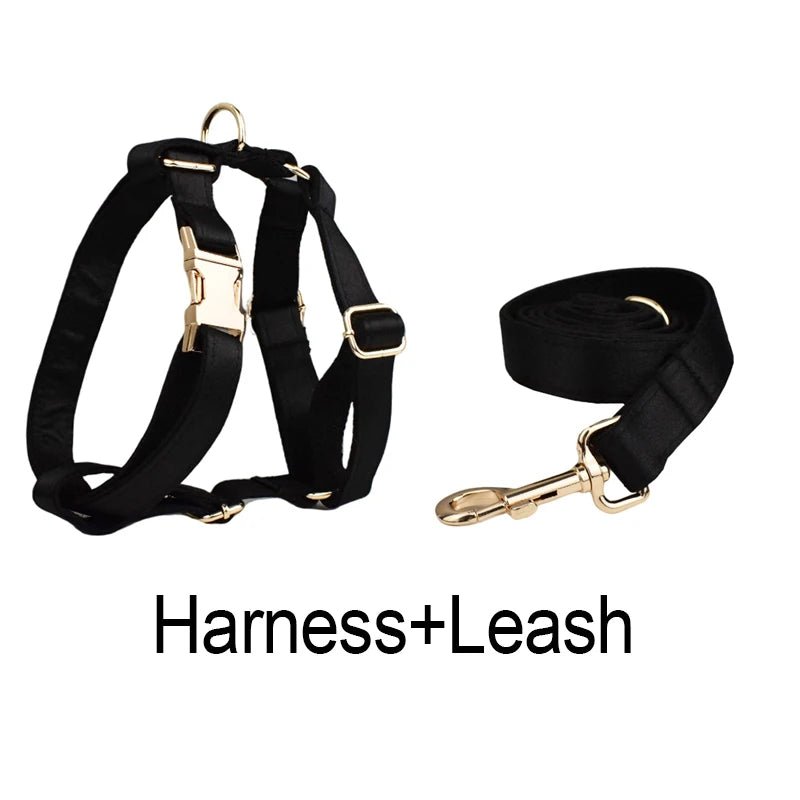 Petspuff Personalised Printed Satin Dog Collar & Lead Set – Engraved Name Tag, Bow & Harness - Petspuff