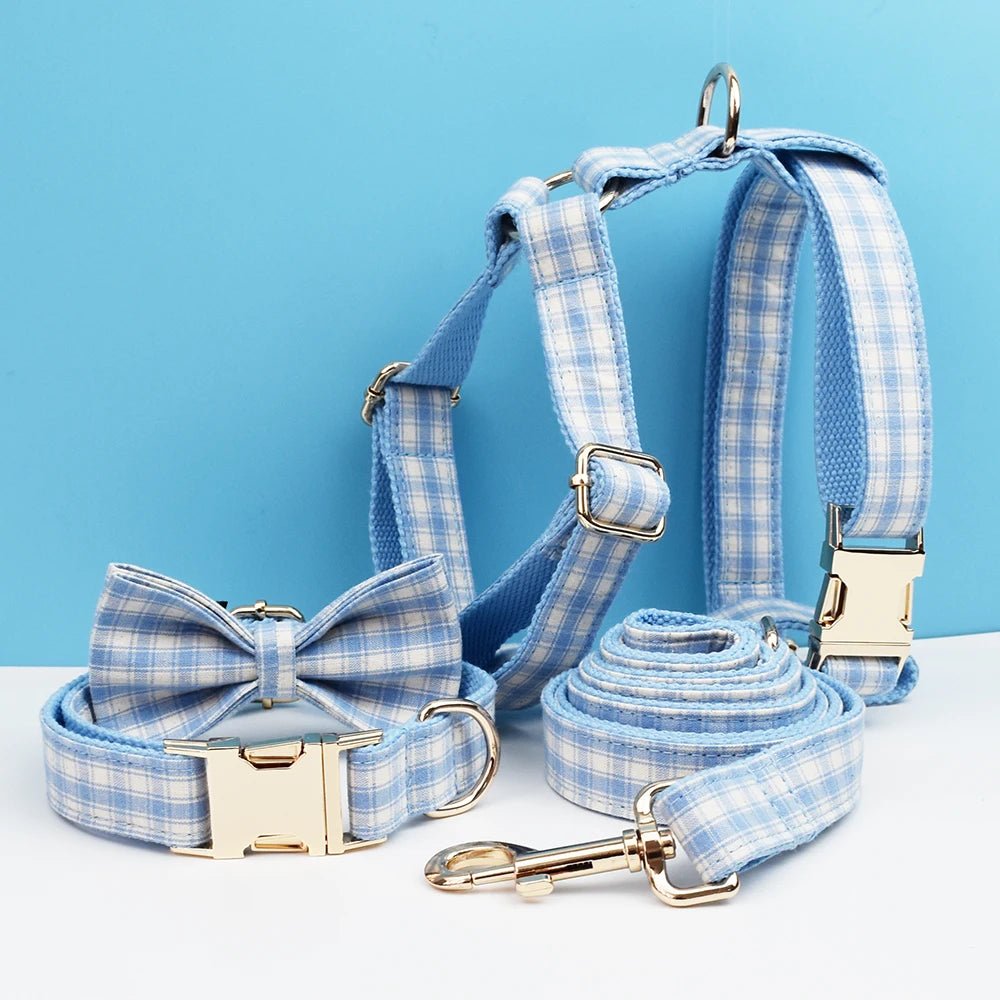 Petspuff Personalised Plaid Dog Collar, Harness & Lead Set – Engraved Name Tag & Bow | Style 29