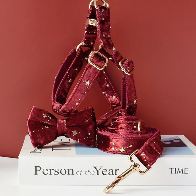 Petspuff Personalised Wine Red Velvet Dog Harness & Lead – Engraved ID Tag, Gold Hardware & Bow - Petspuff