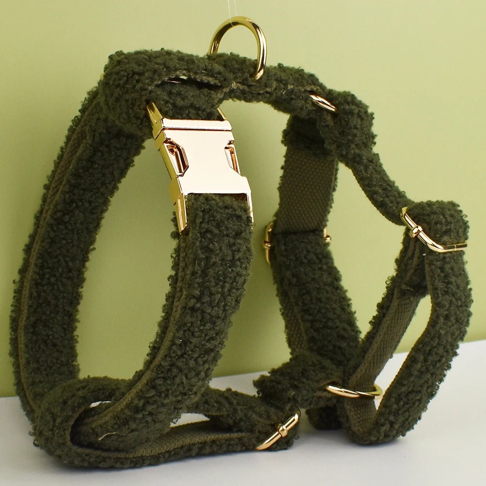 Petspuff Personalised Army Green Teddy Fleece Dog Collar & Lead Set – Engraved Name Tag | Christmas - Petspuff
