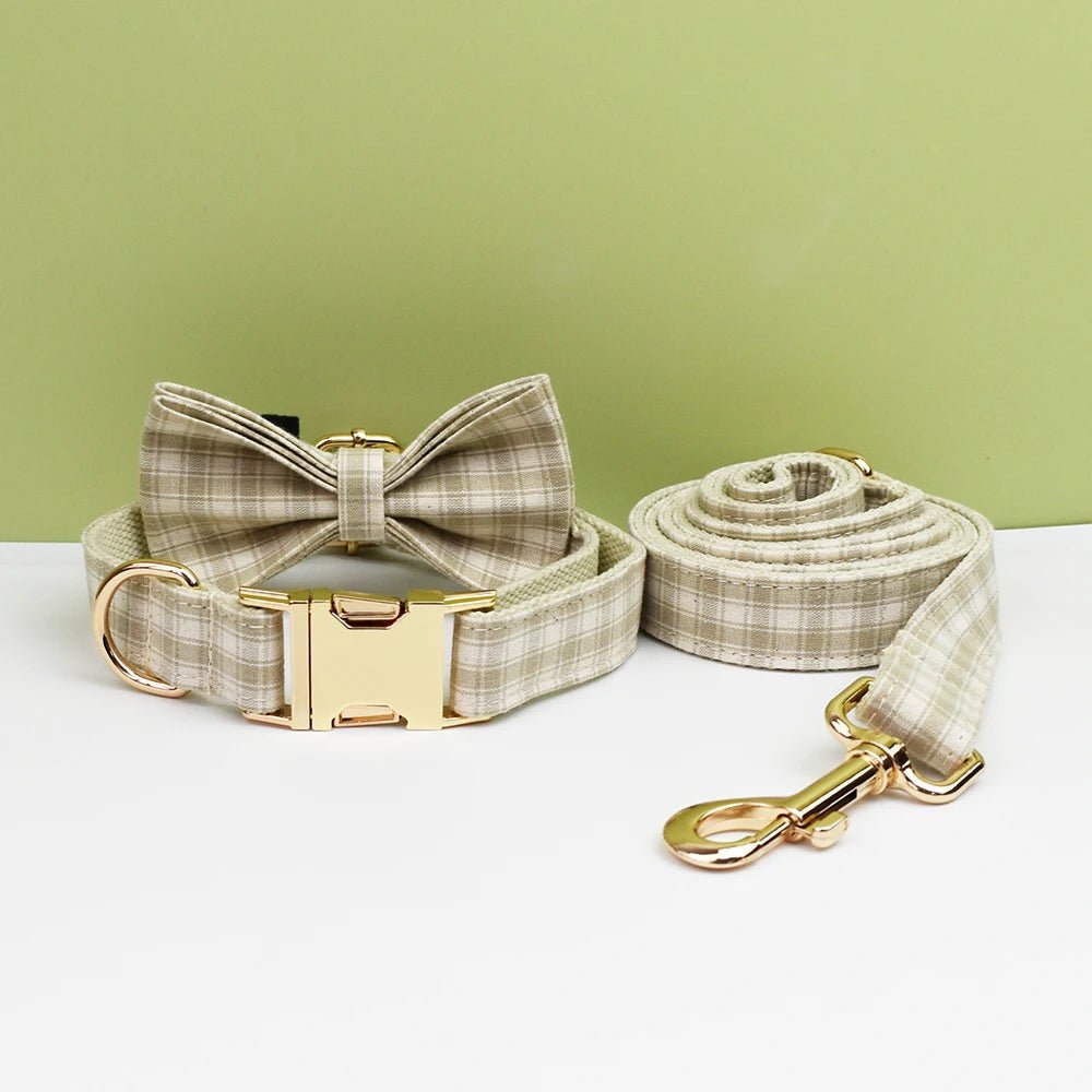Petspuff Personalised Designer Plaid Dog Collar, Harness & Lead Set – Engraved Name Tag & Bow | Style 31