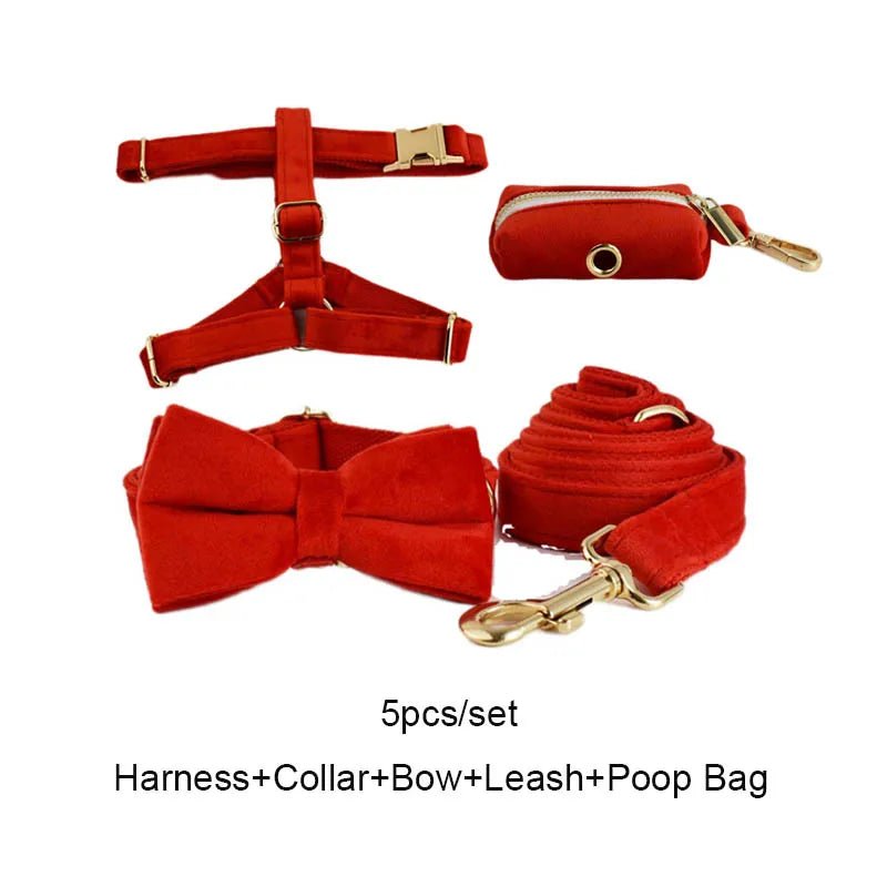 Petspuff Personalised Red Velvet Dog Collar & Lead Set – Engraved Name Tag, Bow & Harness - Petspuff