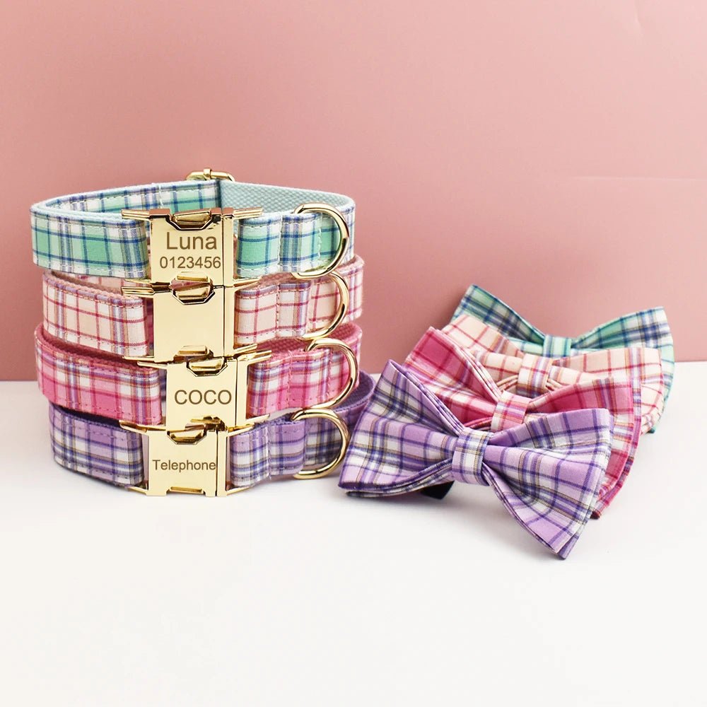 Petspuff Personalised Plaid Bow Dog Collar & Lead – Engraved Name Tag | 7 Designs, XS–XL - Petspuff