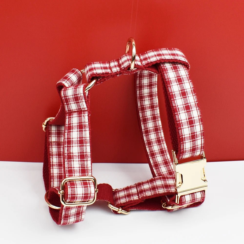 Petspuff Personalised Red Plaid Dog Collar, Harness & Lead Set – Engraved Name Tag & Bow | Style 28