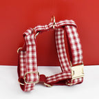Petspuff Personalised Red Plaid Dog Collar, Harness & Lead Set – Engraved Name Tag & Bow | Style 28