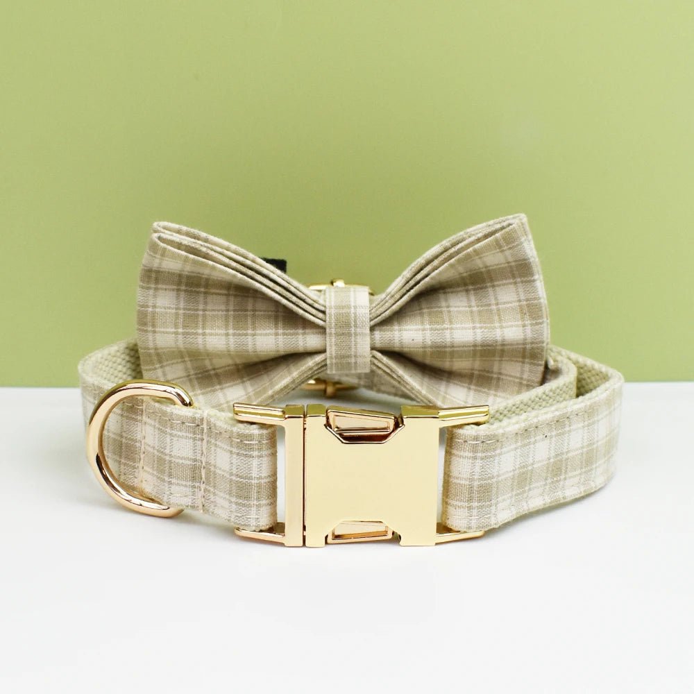Petspuff Personalised Designer Plaid Dog Collar, Harness & Lead Set – Engraved Name Tag & Bow | Style 31
