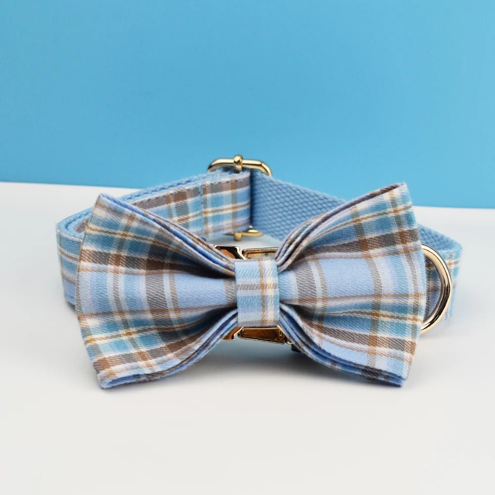 Petspuff Personalised Check Plaid Dog Collar & Lead Set – Engraved Name Tag, Bow & Harness