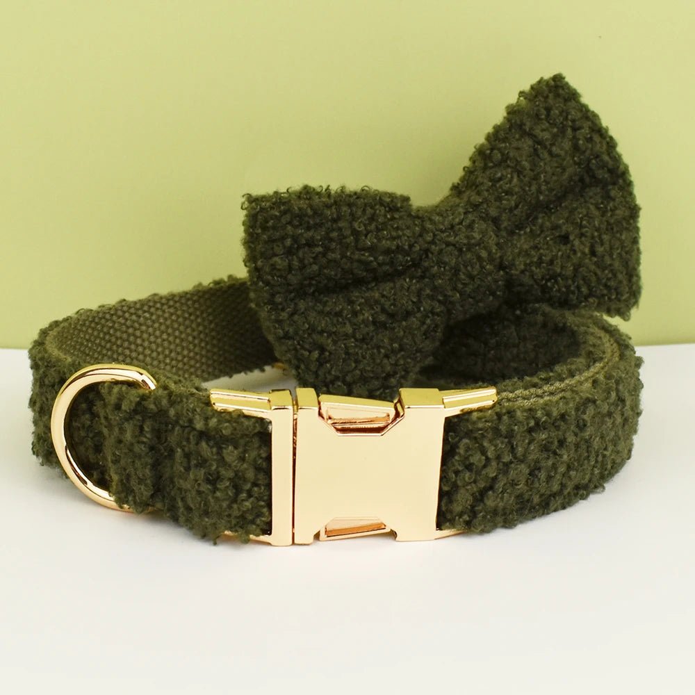 Petspuff Personalised Army Green Teddy Fleece Dog Collar & Lead Set – Engraved Name Tag | Christmas - Petspuff