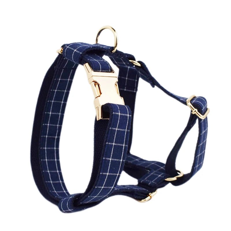 Petspuff Personalised Navy Check Dog Collar & Lead Set – Engraved Name Tag, Bow & Harness