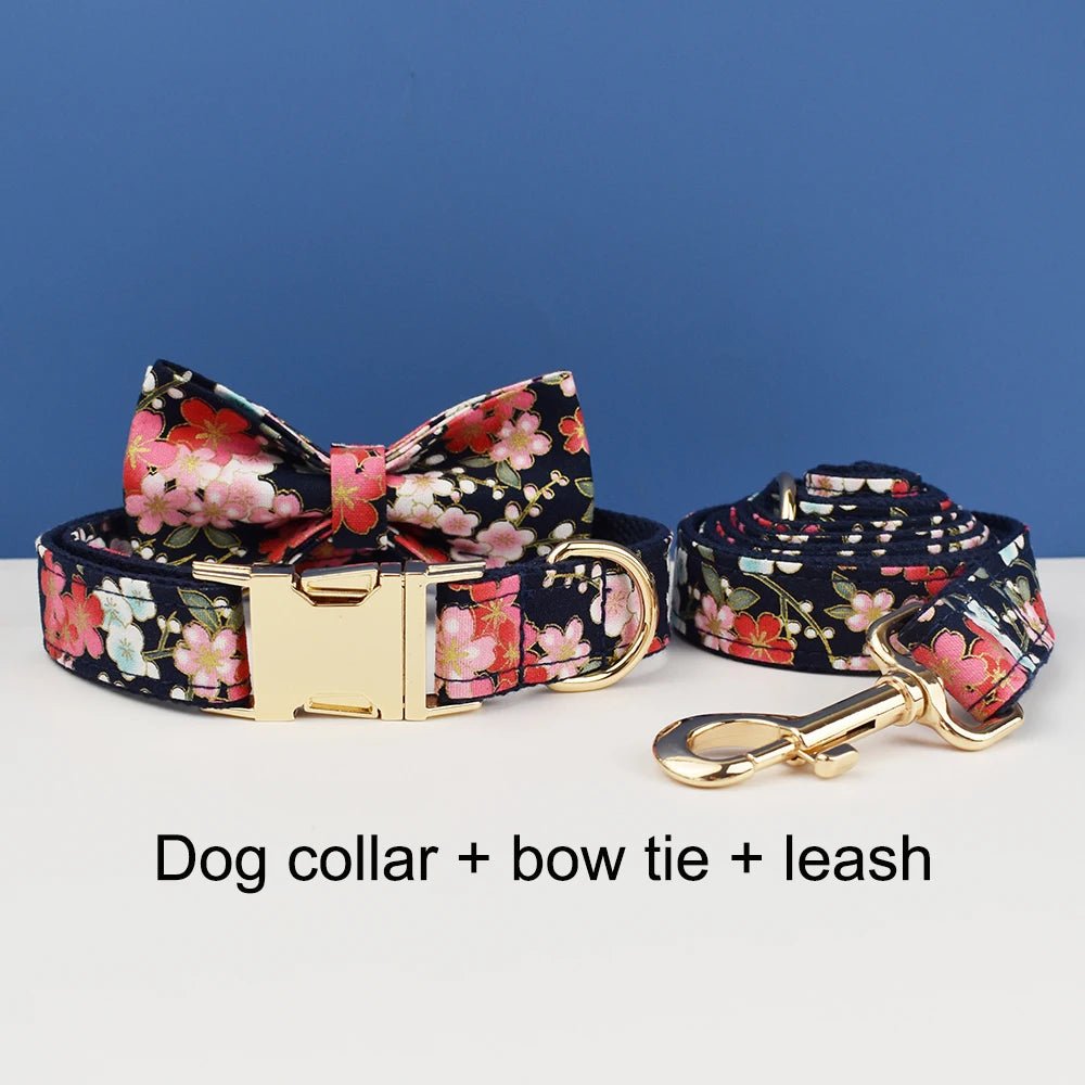 Petspuff Personalised Floral Cotton Dog Collar, Harness & Lead Set – Engraved Name Tag & Bow | Style 03