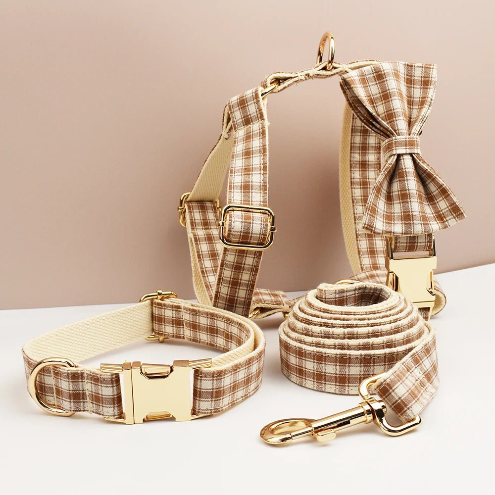 Petspuff Personalised Plaid Dog Collar, Harness & Lead Set – Engraved Nameplate & Bow | XS–XL